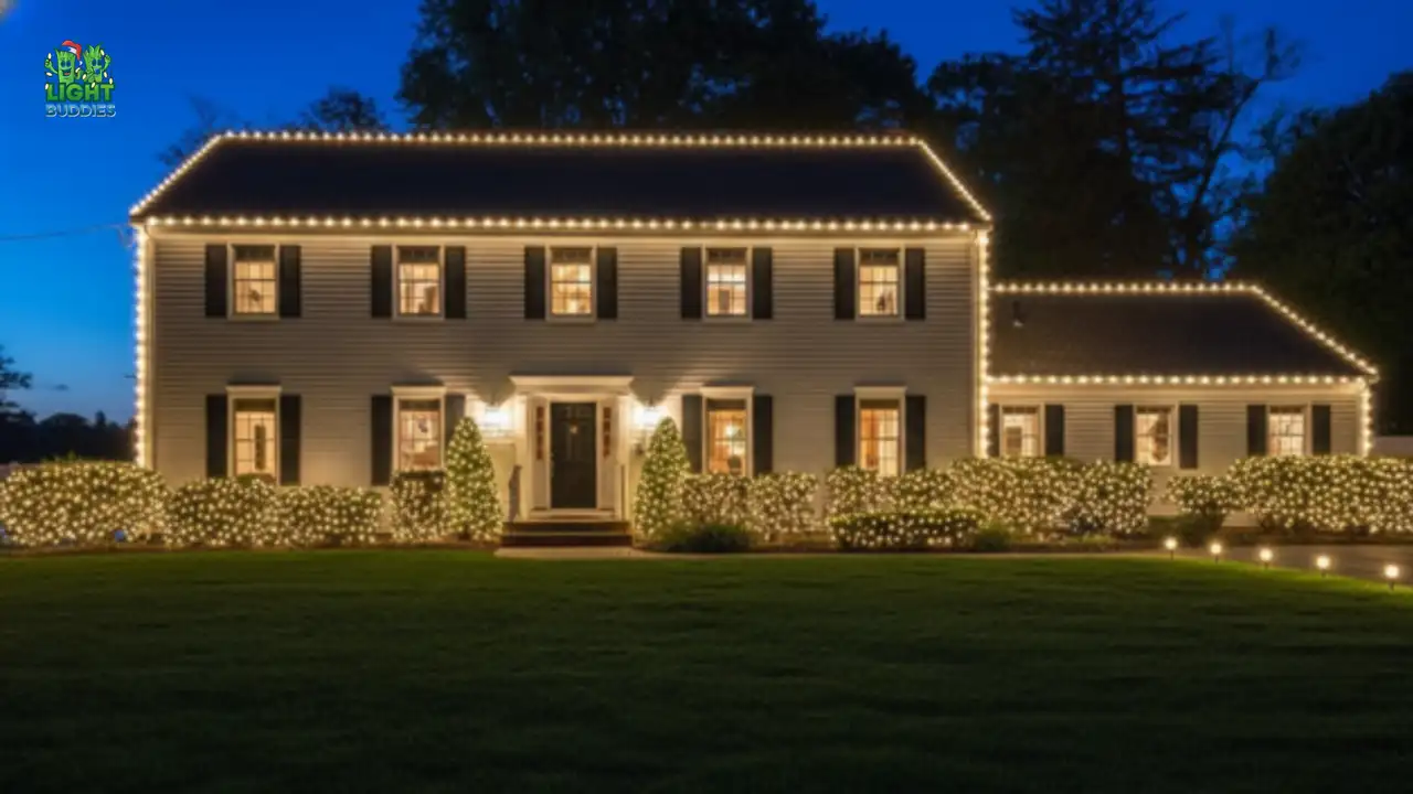 Large stone home with holiday lights outlining the roof at night