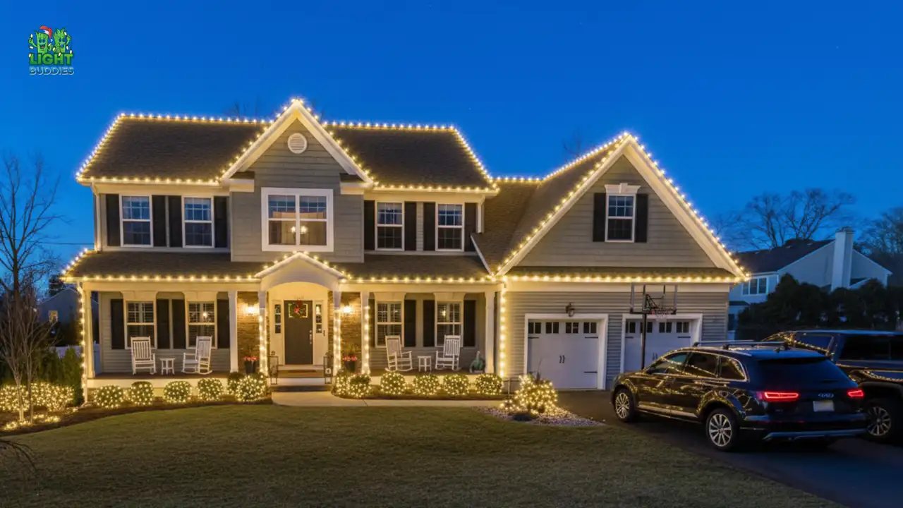 Two-story home with warm white holiday lights on the roofline and porch