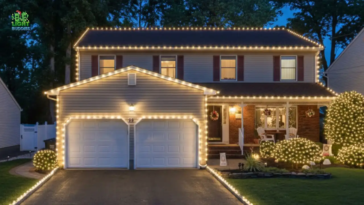 Brick home with white holiday lights along the garage and rooflines